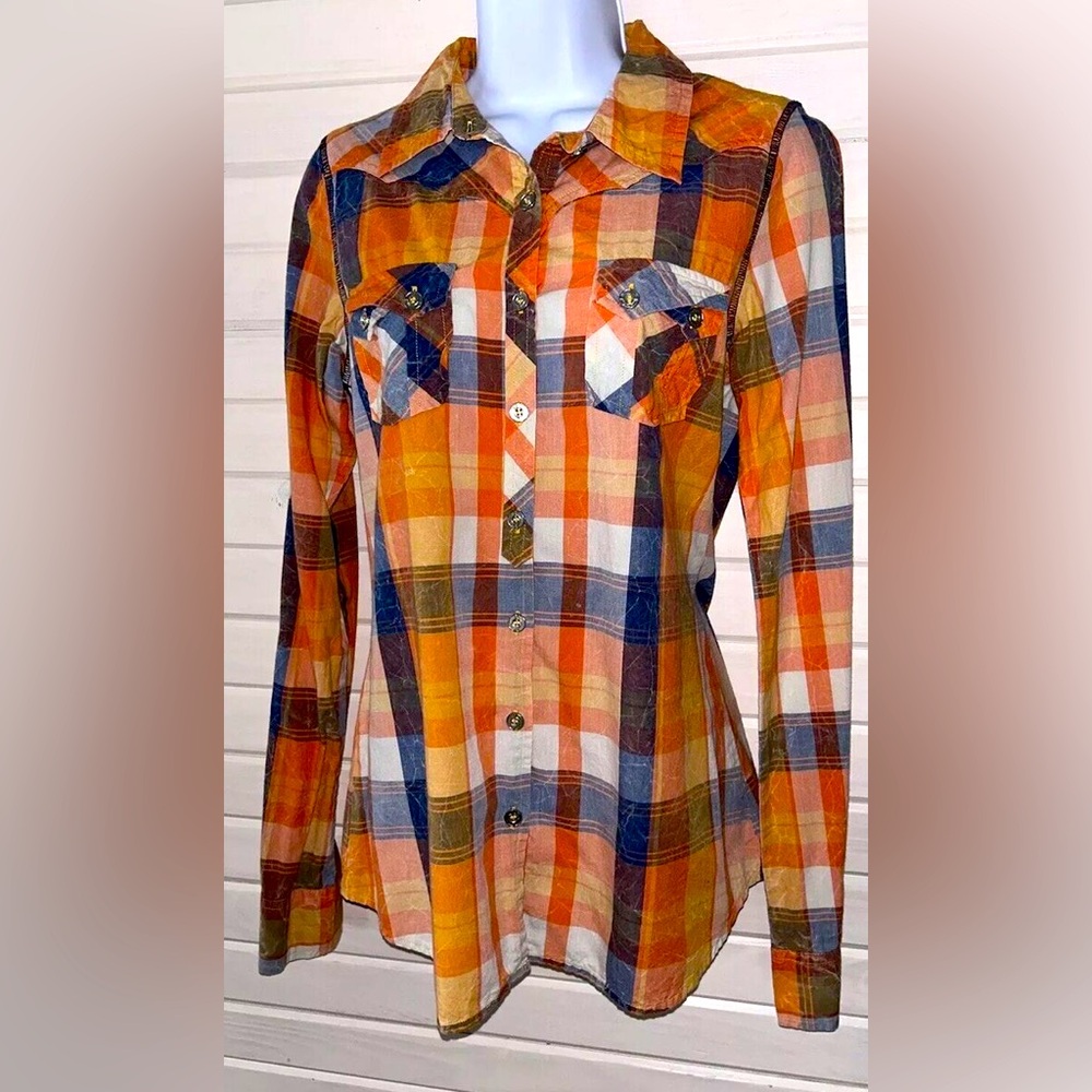 BKE Mineral Wash‎ Orange Blue Plaid Western Button Up Shirt- Large EUC